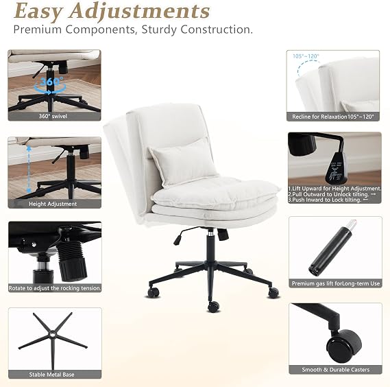 VINGLI Cloud Criss Cross Legged Chair,18 High Back Armless Home Office Desk Chair with Wheels,Wide Adjustable Comfy Padded Seat Task Computer Chair,Modern Swivel Makeup Vanity Chair,Fabric,Beige