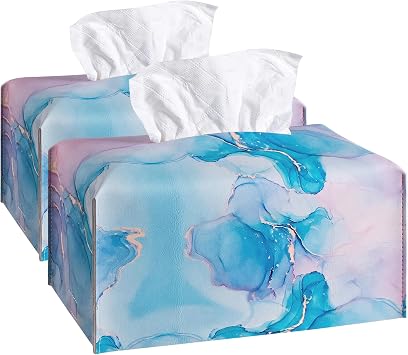 2 Pcs Rectangular Tissue Box Cover, PU Leather Tissue Holder Facial Tissue Case Dispenser for Bathroom, Vanity Countertop, Tabletop, Car, Office,9.5X5X5 Inch - Marble Pattern