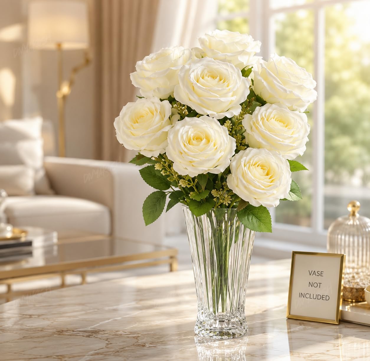 Divyakosh Artificial Flowers Bunch (Vase Not Included). Artificial Flower for Vase, Flower Bouquet Gift, 9 White Rose Bouquet, Luxury Artificial Flower Arrangement for Living Room, Office