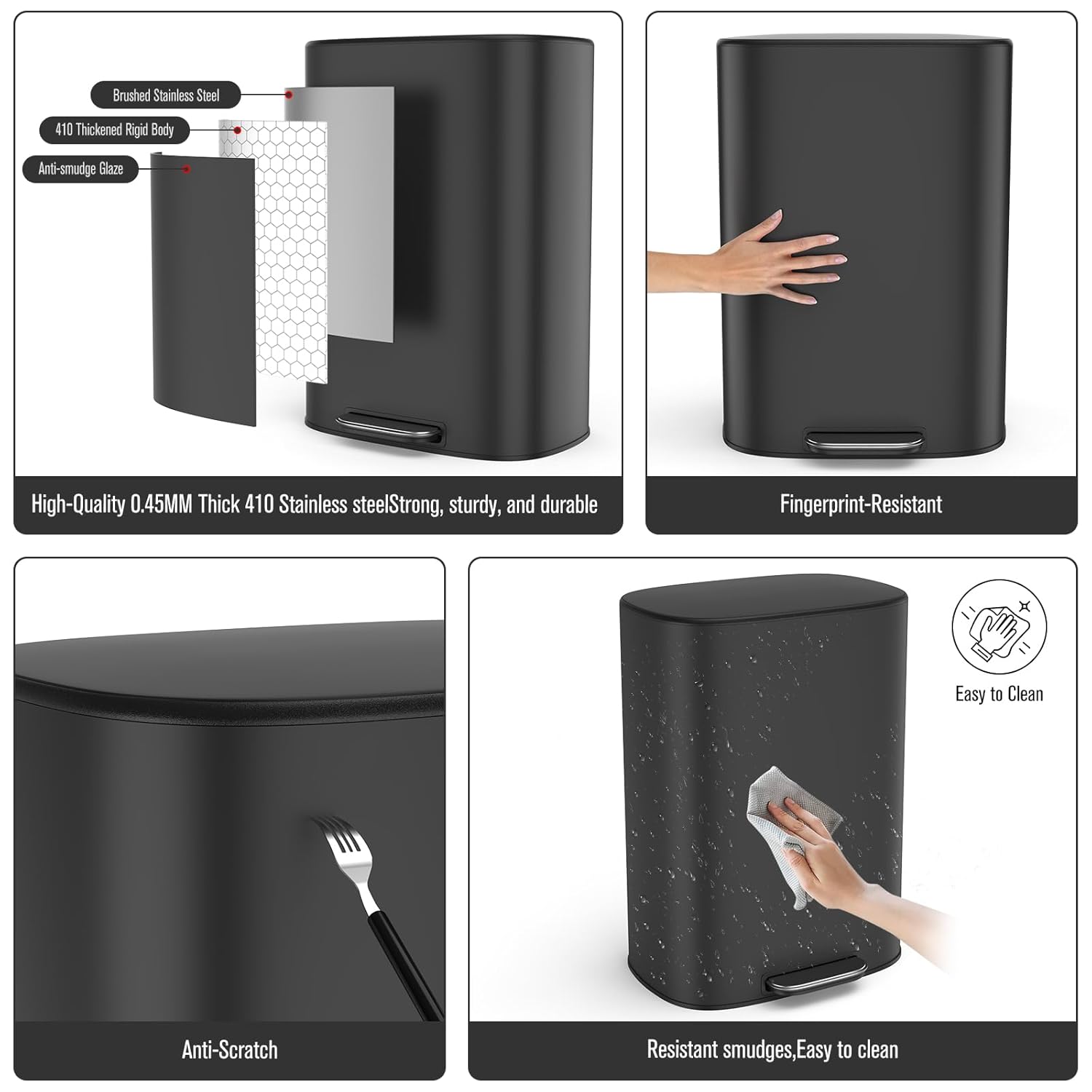 Thickened Stainless Steel Trash Can 13 Gallon with Foot Pedal, Oval Large Trash Can with Soft Close Lid, Garbage Can with 30 Garbage Bags for Kitchen, Bathroom, Commercial, Home, Office - Black