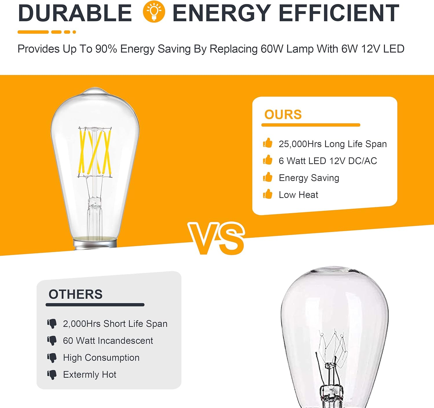 12V LED Edison Light Bulbs - Daylight 5000K 6W(Only for 12 Volt DC/AC) - E26 Standard Base - 60W Equivalent Dimmable ST21 Low Voltage LED Filament Bulb for RV, Off Grid, 2 Pack