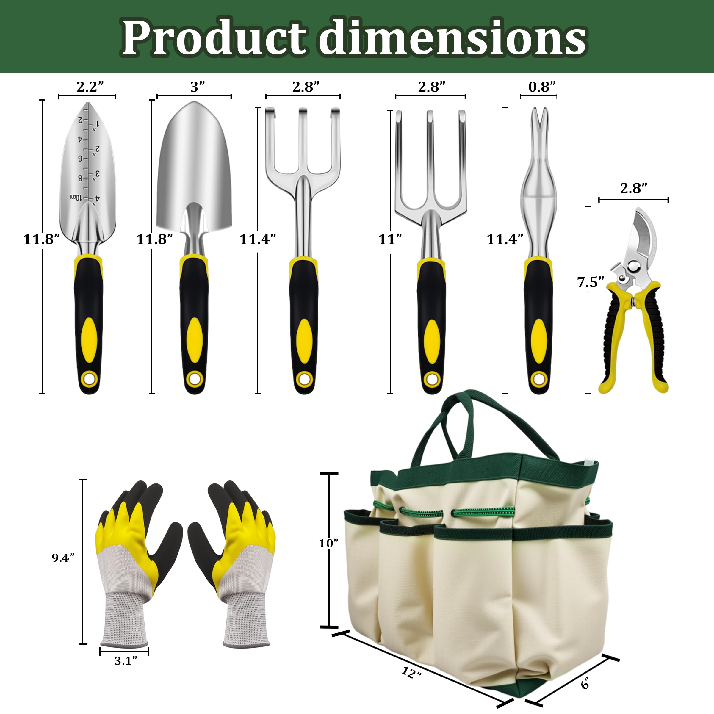 QianRuiDa 8-Piece Garden Tools Set for Gardening Aluminum Alloy Heavy Duty Kit, with Storage Tote Bag, Ergonomic Rubber Grip, Gift for Men or Women, Indoor and Outdoor Tools