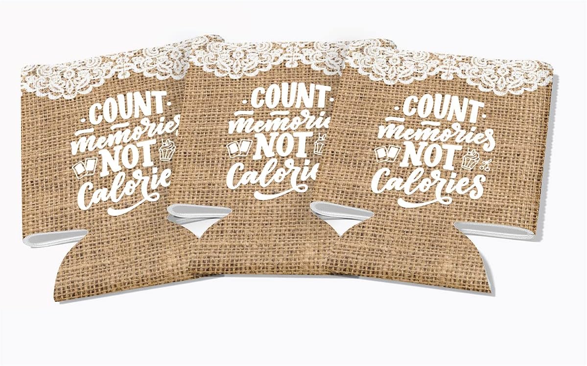 VictoryStore Blank Can Coolers – Burlap & Lace Design, 50-Pack Full-Color Beverage Sleeves for Screen Printing, Heat Transfer Vinyl, or DIY Personalization – Fits 12–16 oz Cans & Bottles