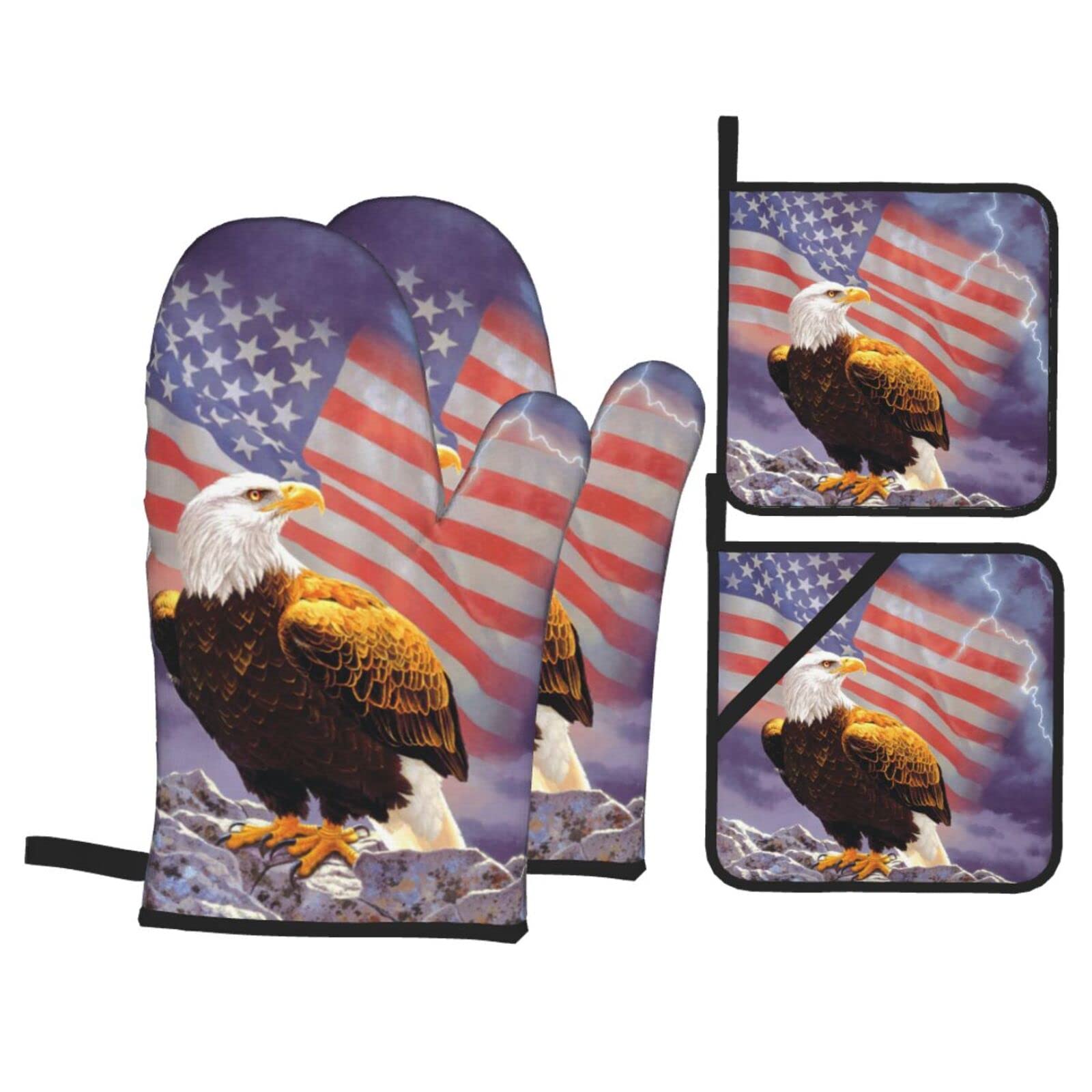 Eagle with USA Flag Print Kitchen Baking Four Piece Set of Heat Resistant Thick Cotton Oven Mitts for Cooking, Baking and Grilling