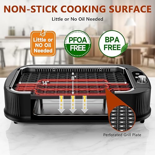 Miniatura 4 de Parrilla de interior, parrilla eléctrica para interiores sin humo con tecnología de extractor de humo turbo, superficies de cocción antiadherentes,