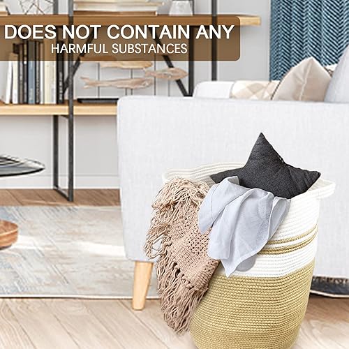 Miniatura 7 de Cesta de lavandería tejida de cuerda de algodón 16 pulgadas con asas cestas de ropa para ropa sucia cesta de lavandería tejida para sala de estar