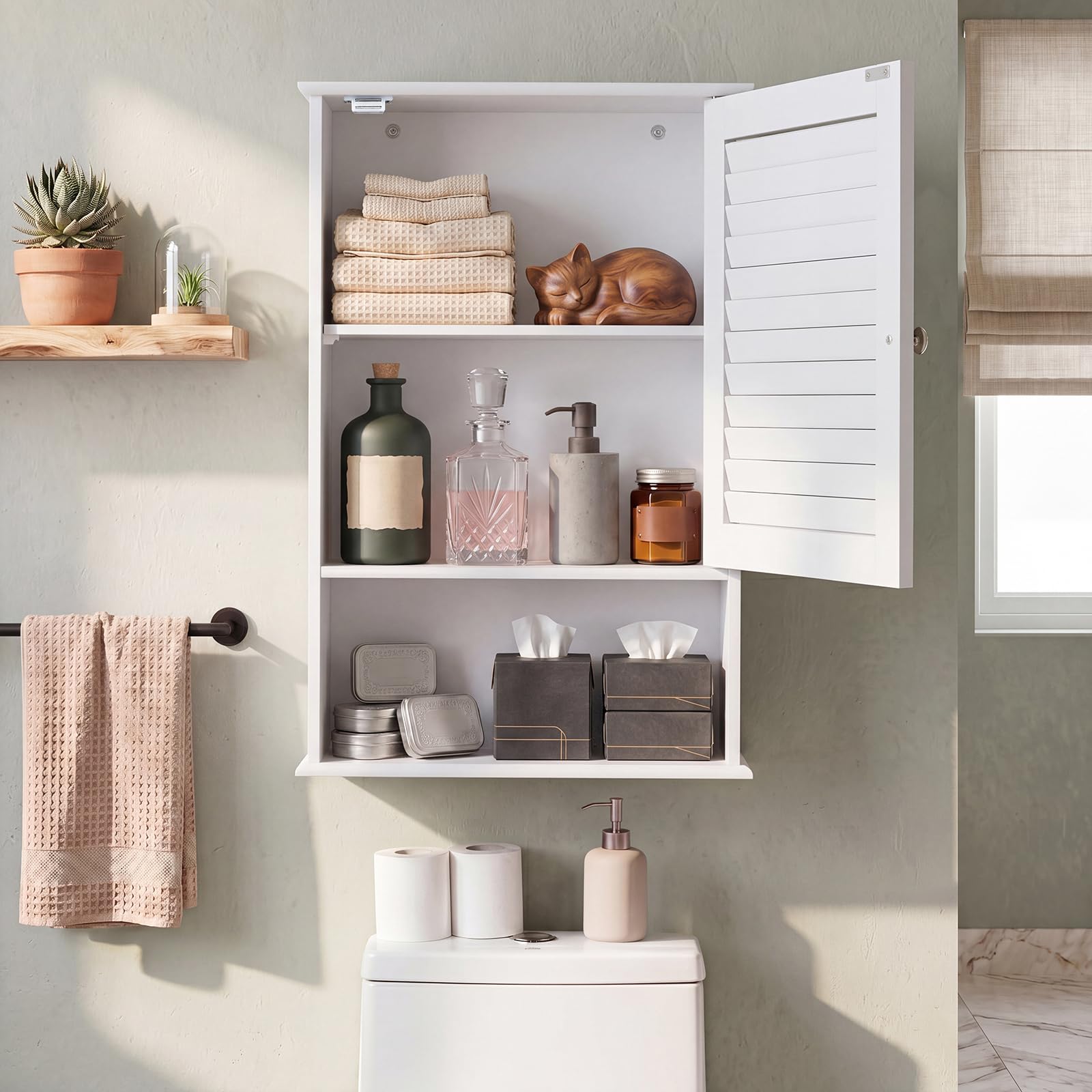LIFEZEAL Armoire de Salle de Bain Murale avec 3 Étagères de Rangement, 42 x 17 x 70 CM,Meuble de Rangement Suspendu à Une Porte en Bois pour Salle de Bains, Étagère Réglable (Blanc)