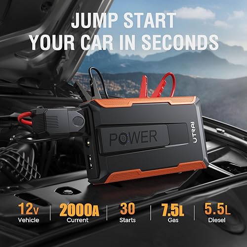Miniatura 2 de UTRAI Arrancador de coche T1, batería portátil de 13200 mAh 2000 A para motores de gasolina de hasta 7.5 L y 5.5 L, caja de salto de 12 V, cargador