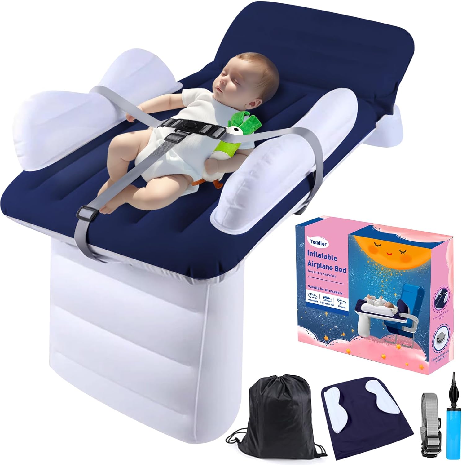 Inflatable Toddler Airplane Mattress, Blow Up Kids Travel Bed, Airplane Seat Extender, Inflatable Baby Mattress with Sides, Safety Belt, Manual Pump and Bag