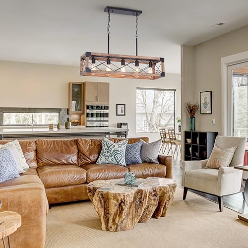 Miniatura 7 de Iluminación de isla de cocina de granja, lámpara de comedor de 5 luces, lámpara lineal de granja con madera maciza para comedor, cocina, bar, mesa