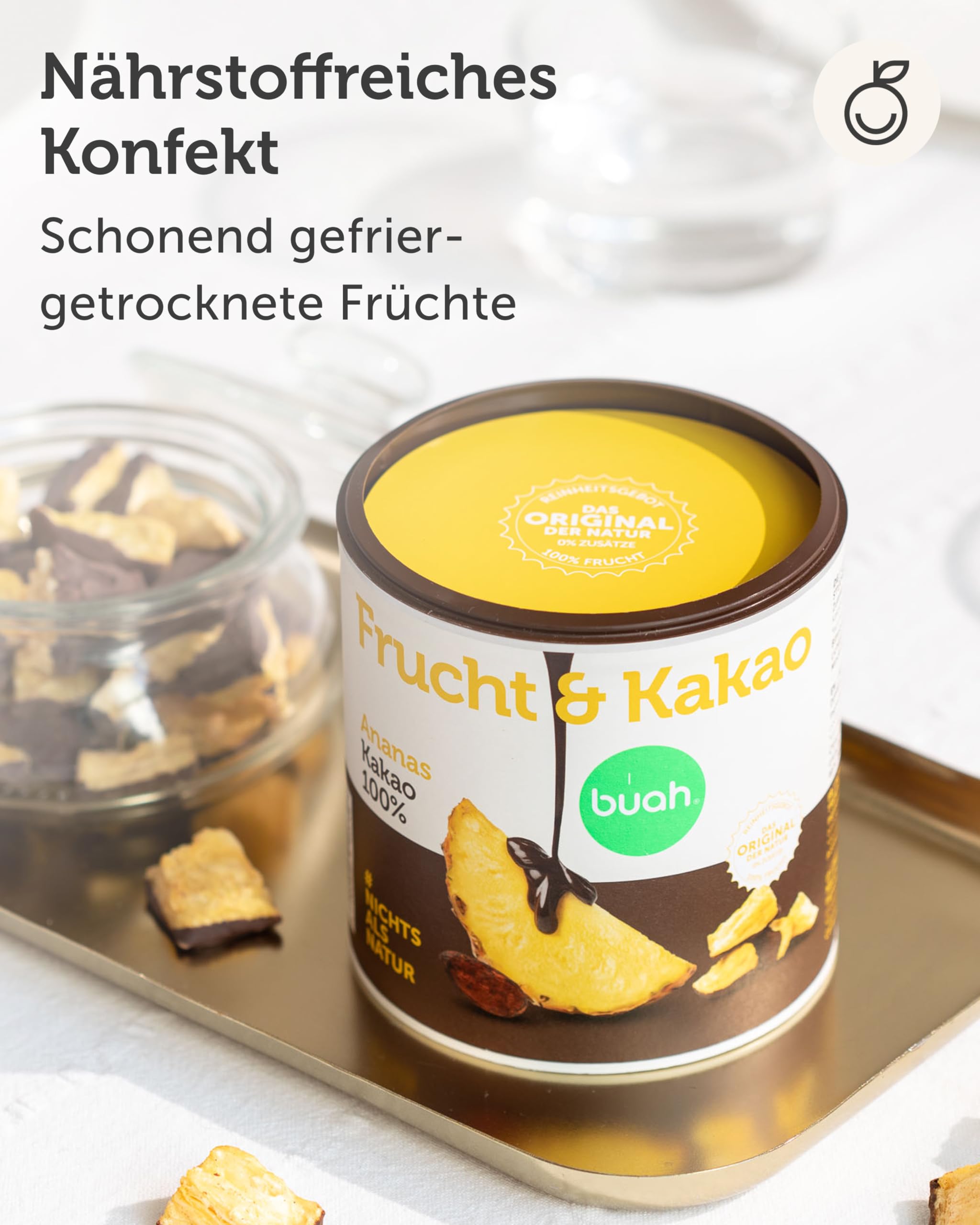 Buah Frucht Kakao Ananas | Ananas mit Kakao | Extra crunchy & fruchtig | Schokolierte Früchte mit dunkler Glasur | 100% natürlich, vegan, ohne Zuckerzusatz | 110 g
