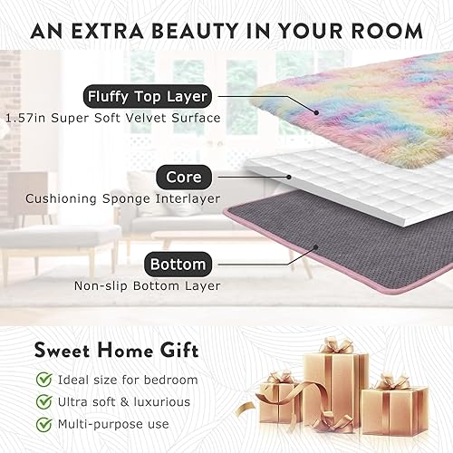 Miniatura 5 de Alfombra de arco iris esponjosa de 8 x 10 pies para sala de estar, alfombra grande y colorida teñida para dormitorio, habitación de niñas,