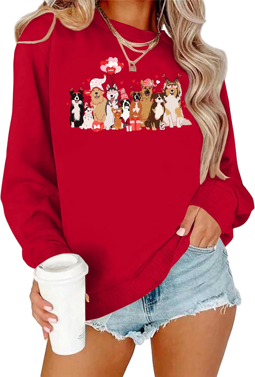 Valentine Dog Sweatshirt for Women Cute Print Graphic Sweater Pullover Long Sleeve Tops