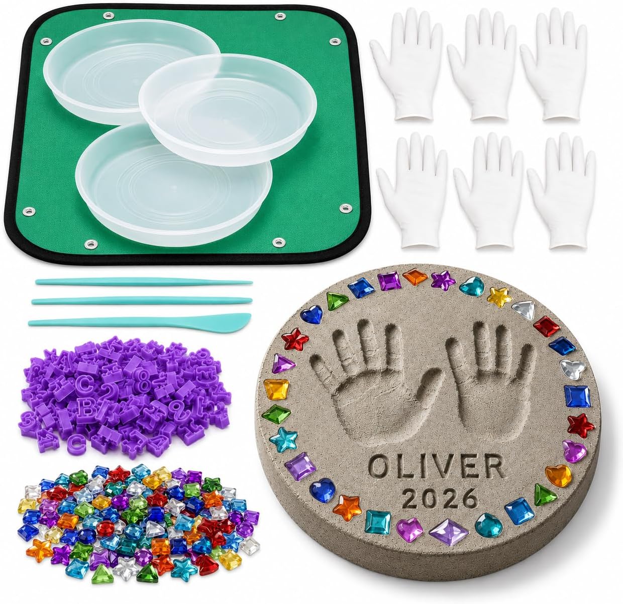 3 Sets DIY Stepping Stone Kit for Kids, Handprint Garden Stone Kit with Round Mold, Letter and Number Stamps, Shaped Mosaic Gems, Tools, Gloves and Mat for Outdoor Yard Decor - NO Cement Mix (L)