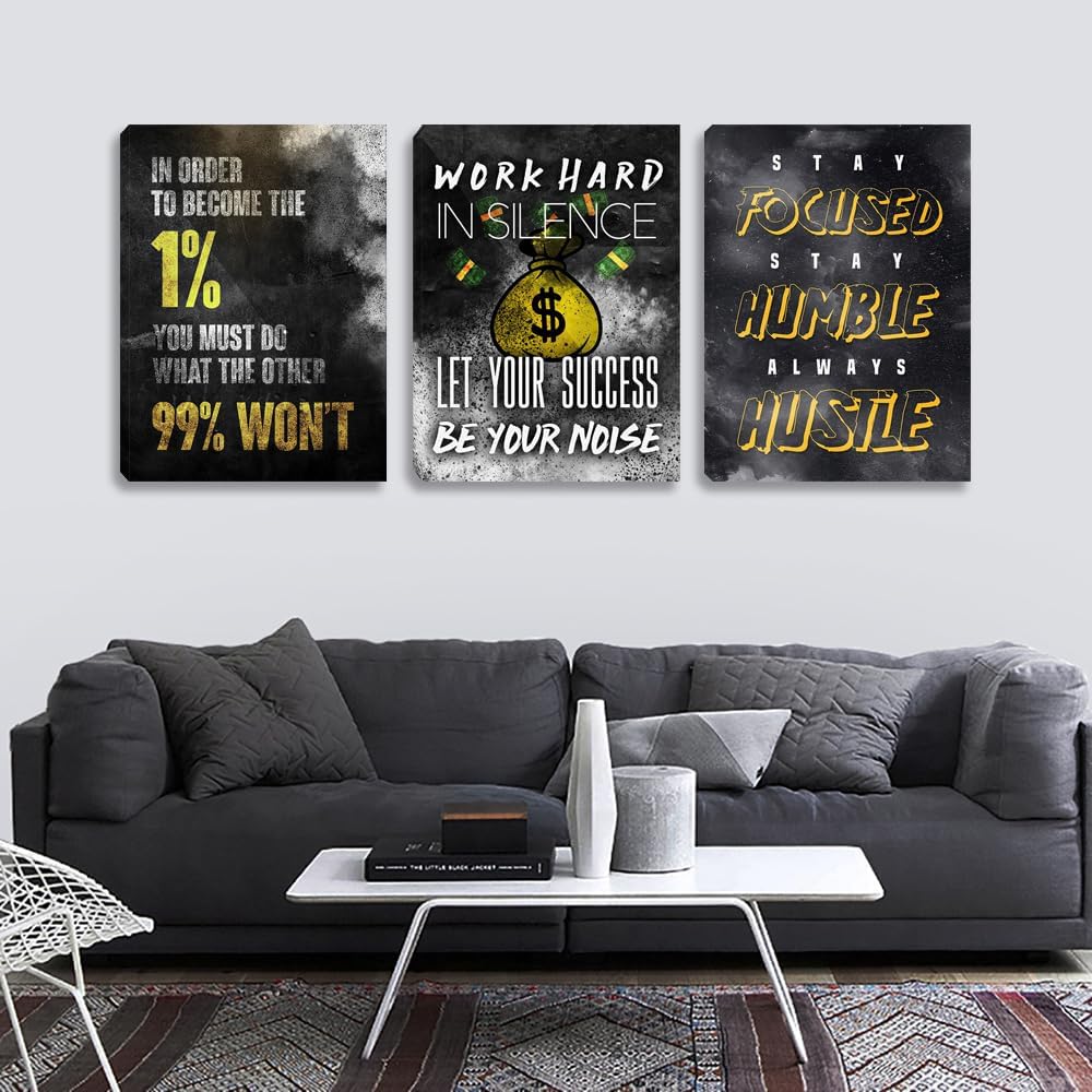 3 Piece Black Wall Art Modern Motivational Quotes Wall Art Canvas Art Inspiring Entrepreneur Hustle Poster Prints Wall Decor Office Wall Decorations Framed Posters for Office(36''Wx 16''H)