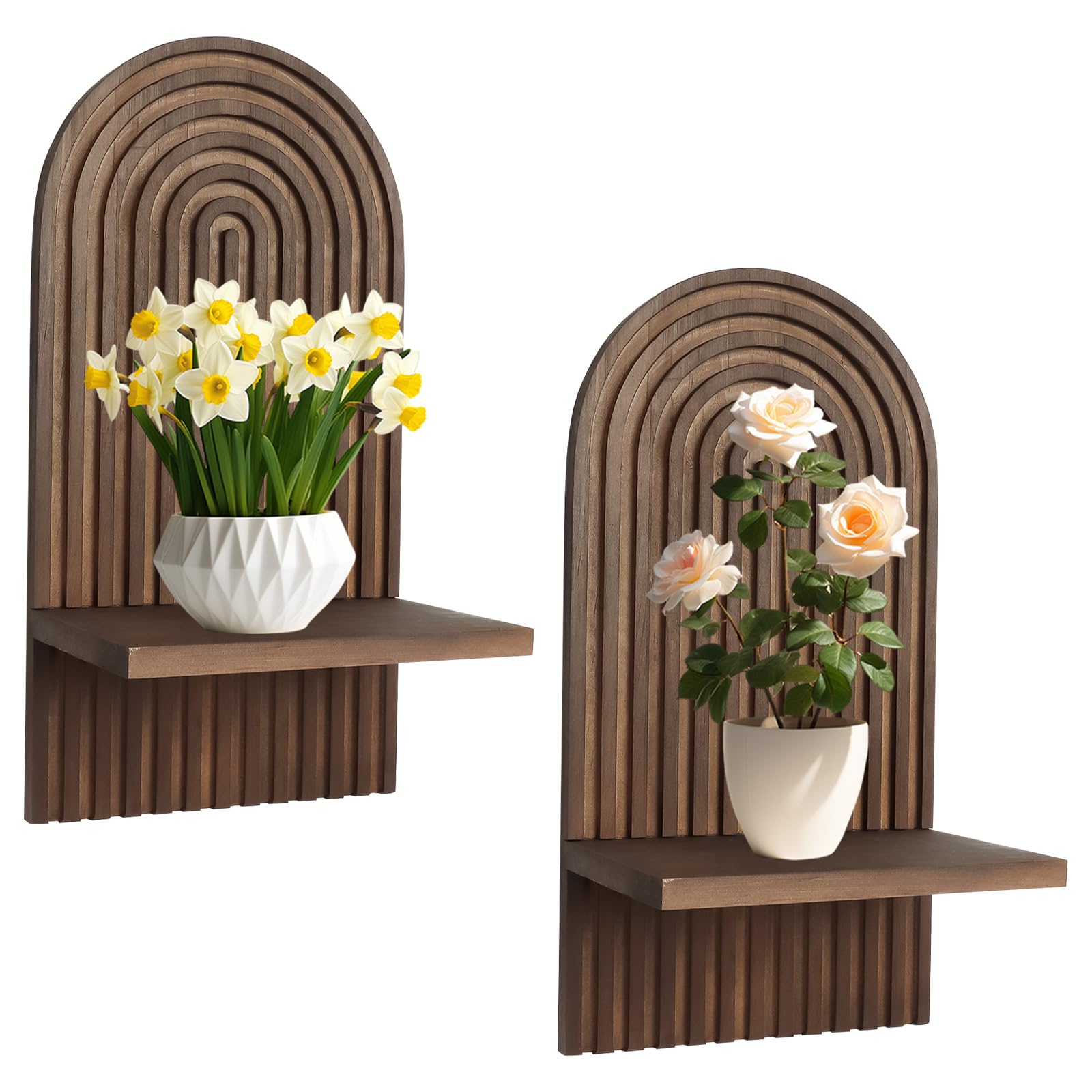 BlyeMichdi 2 Pcs Wood Shelves for Wall Decor Modern Boho Wall Shelf Arch Wood Floating Shelf Bohemian Hanging Shelf Display Shelving for Hanging Plants Photo for Living Rooms Bathroom,brown (Brown)