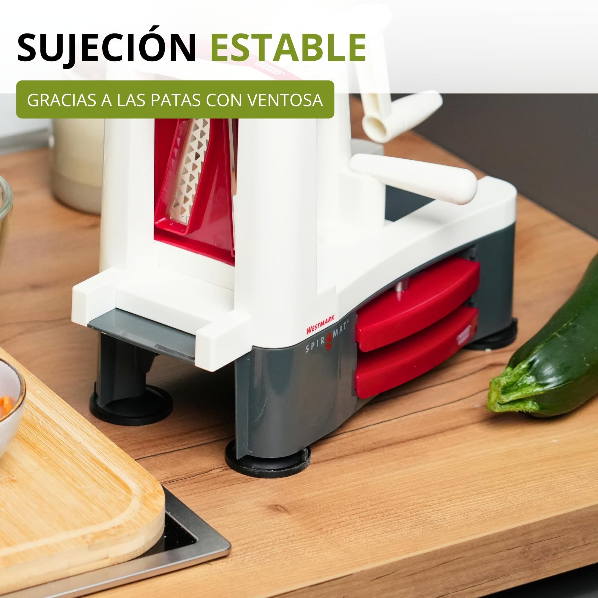 Westmark Cortador en espiral para fideos de verdura, zoodles y espirales de fruta, Con 3 insertos de corte, Cuchillas afiladas de acero inoxidable, Spiromat, Antracita/blanco/rojo, 11332260