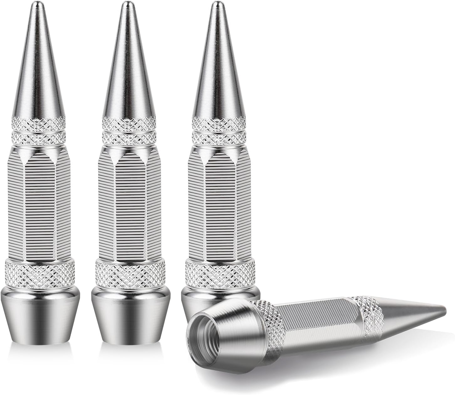 4 Pcs Silver Aluminum Spiked Tire Stem Caps - Wheel Air Valve Dust Covers