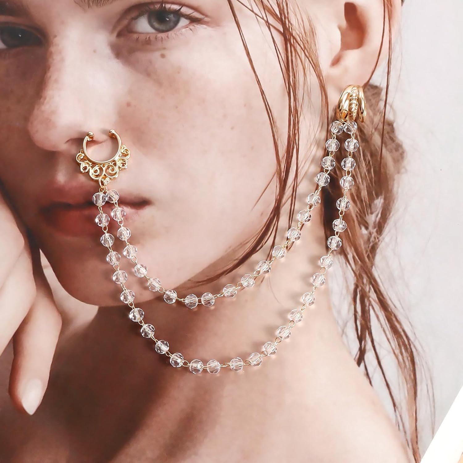 Punk Fake Nose Ring Hoop Crystal Rhinestone Nose Rings with Chain Tassel Non-Piercing Hollow Leaf Nose to Ear Chain Jewelry Indian Nose Ring Studs Nostril Body Accessories for Women