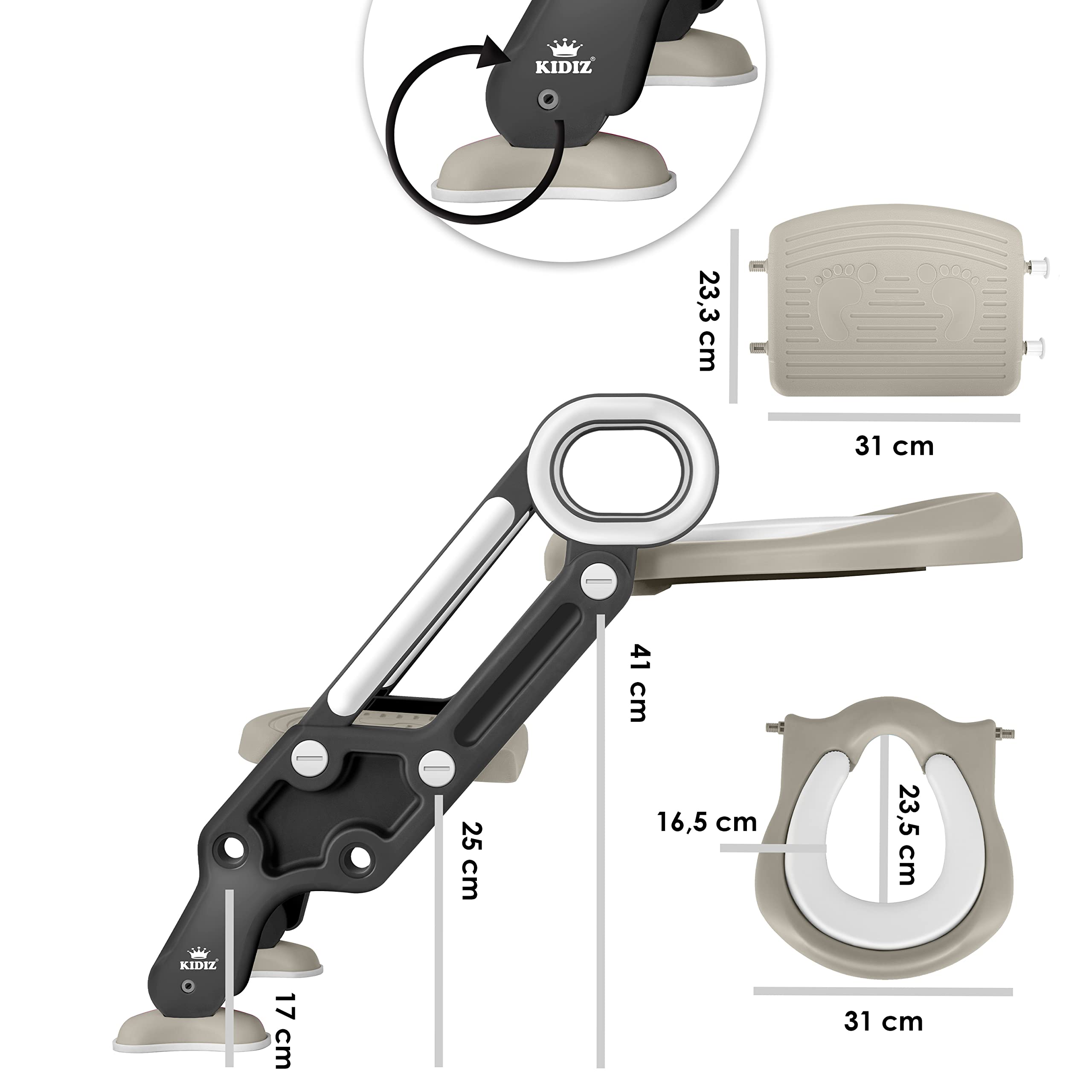 KIDIZ® Kinder Toilettensitz Toilettentrainer mit Treppe und Griffe Faltbar Kindertoilette WC Sitz Töpfchentrainer Lerntöpfchen bequemem Kissen und breiten Stufen Toilettentreppe höhenverstellbar Grau