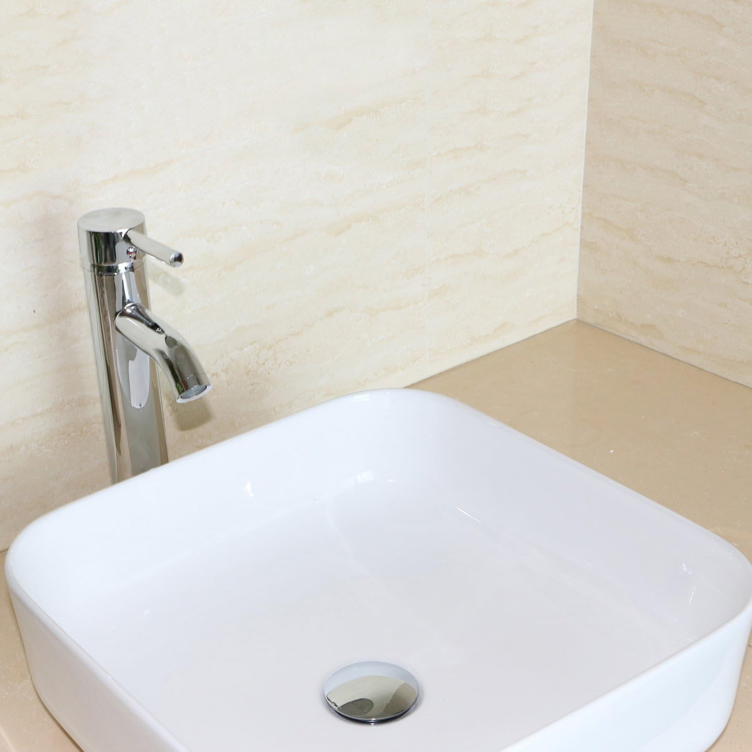wonline Bathroom Square White Lavatory Porcelain Ceramic Vessel Sink Art Basin and Chrome Faucet Combo