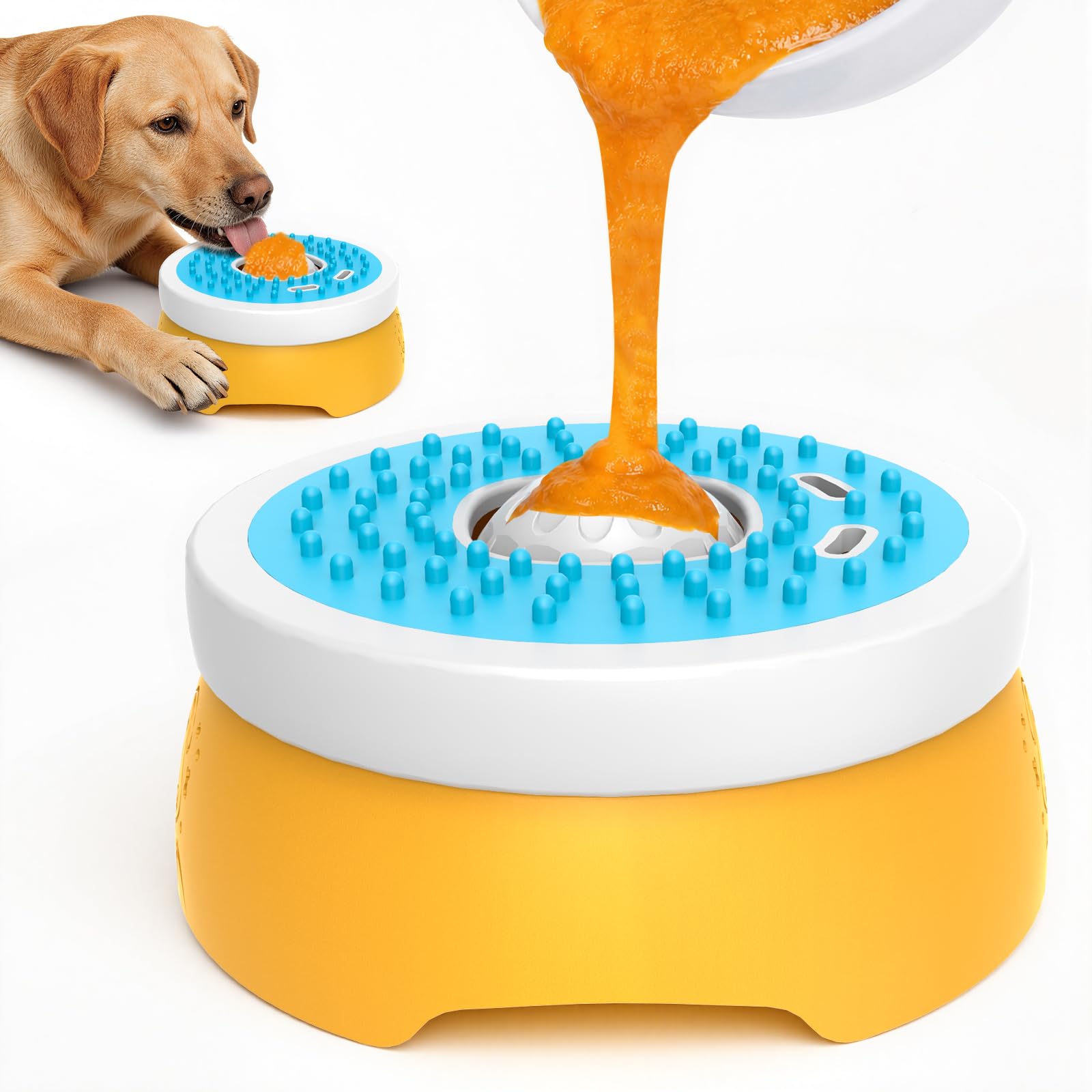 Euqvunn Slow Feeder Dog Bowl for Liquid Treats, Screw Lid Design for Less Leaks, Harder for Dogs to Open, 260ml for Yogurt & Broth, Orange & Blue