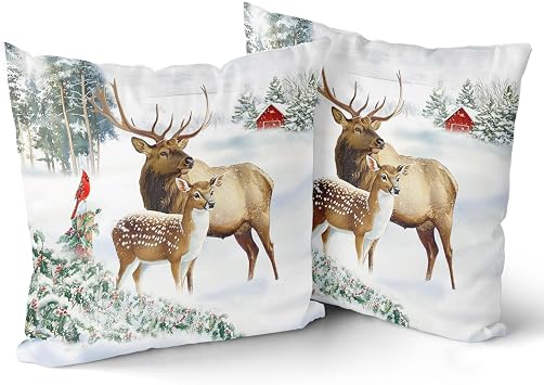 Giwawa Winter Deer Pillow Covers Set of 2, Farmhouse Elk Reindeer Wildlife Cotton Pillow Cases, 20"x20" Xmas Tree Snow Cottage Throw Cushion Covers for Sofa Couch Bedroom Indoor Outdoor Decor