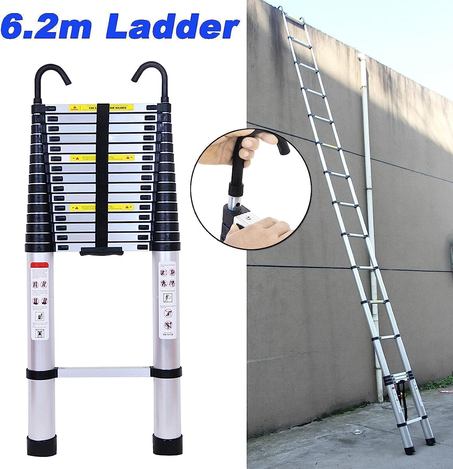 Telescoping Ladder Extension Ladder Multi Purpose Ladders 20FT Collapsible Ladder with 2 Detachable Roff Hooks Heavy Duty Aluminum Telescoping Ladder for Home Clean Gutters, 330 lb Capacity EN131