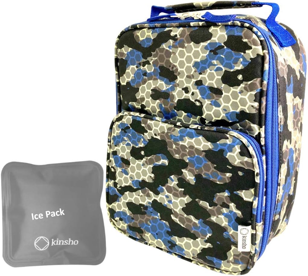 kinsho Camouflage Bento, Lunch Box Ice Pack Set for Boys Kids Men, Insulated Thermal Bag for School, Container Boxes for Big Kid Tween Adult Lunches, Blue Black Camo