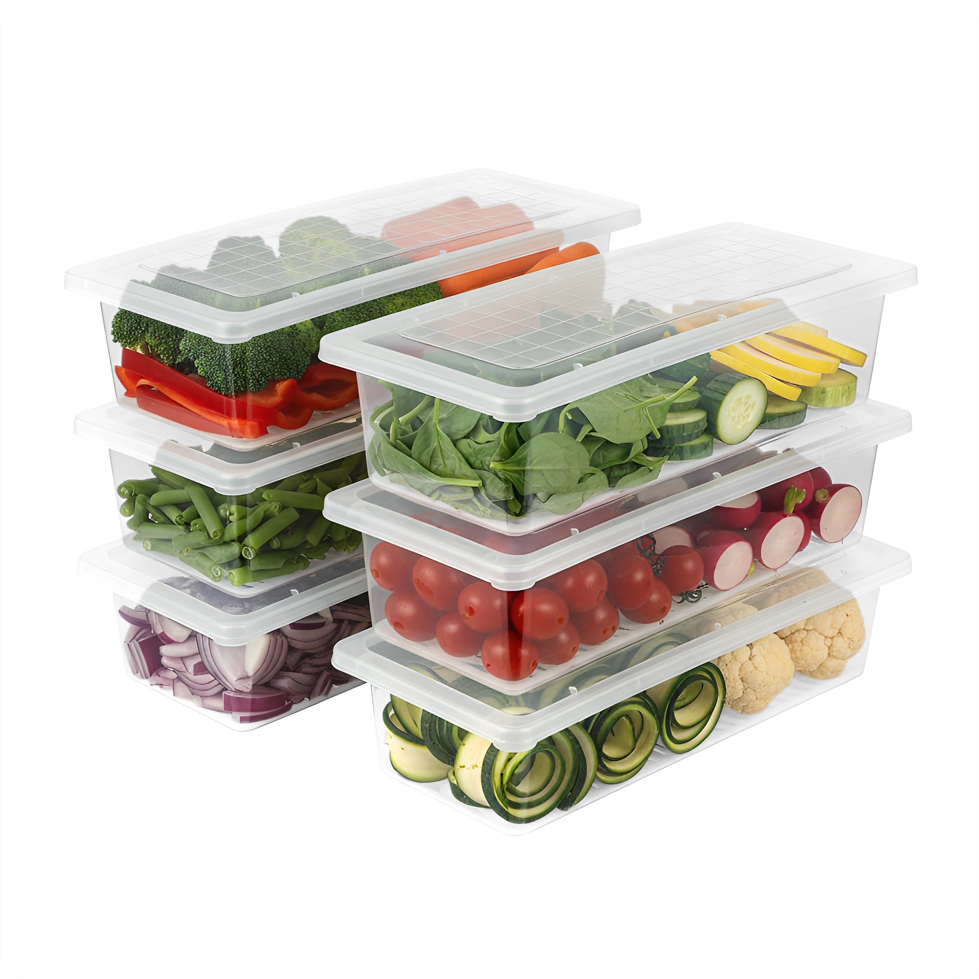 VOLTURI Fridge Storage Containers (Pack of 6), Fridge Organiser Storage Boxes with Removable Drain Plate, Lids, Stackable Organizer, Fridge Storage Box Keep Fruits, Vegetables Fresher, 1500 ML