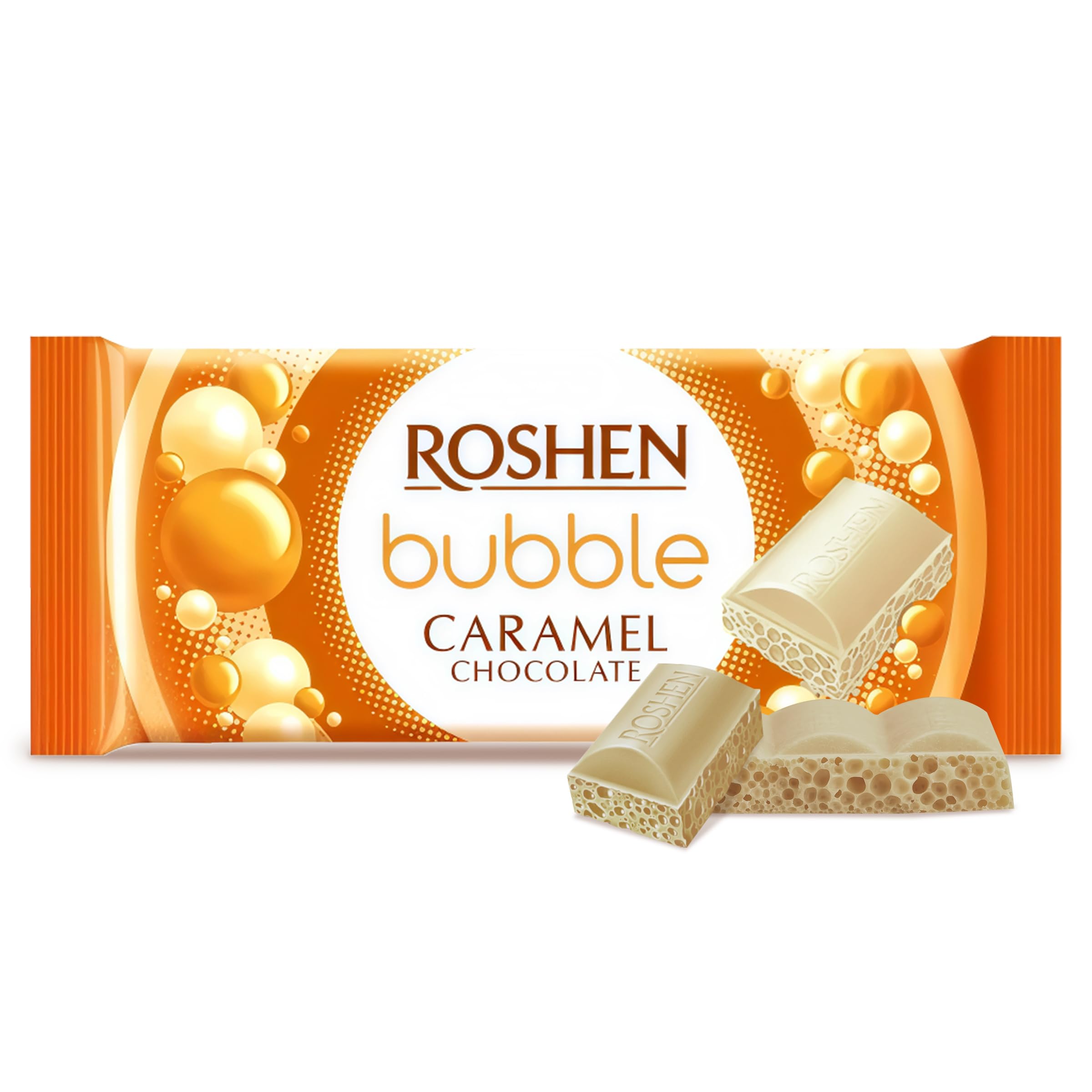 Roshen Aerated Bubble Chocolate Bar, White Chocolate with Rich Caramel Taste, 2.82 oz (Pack of 3) Light, Fluffy, Melt-in-Your-Mouth Experience, Kosher Dairy, Halal