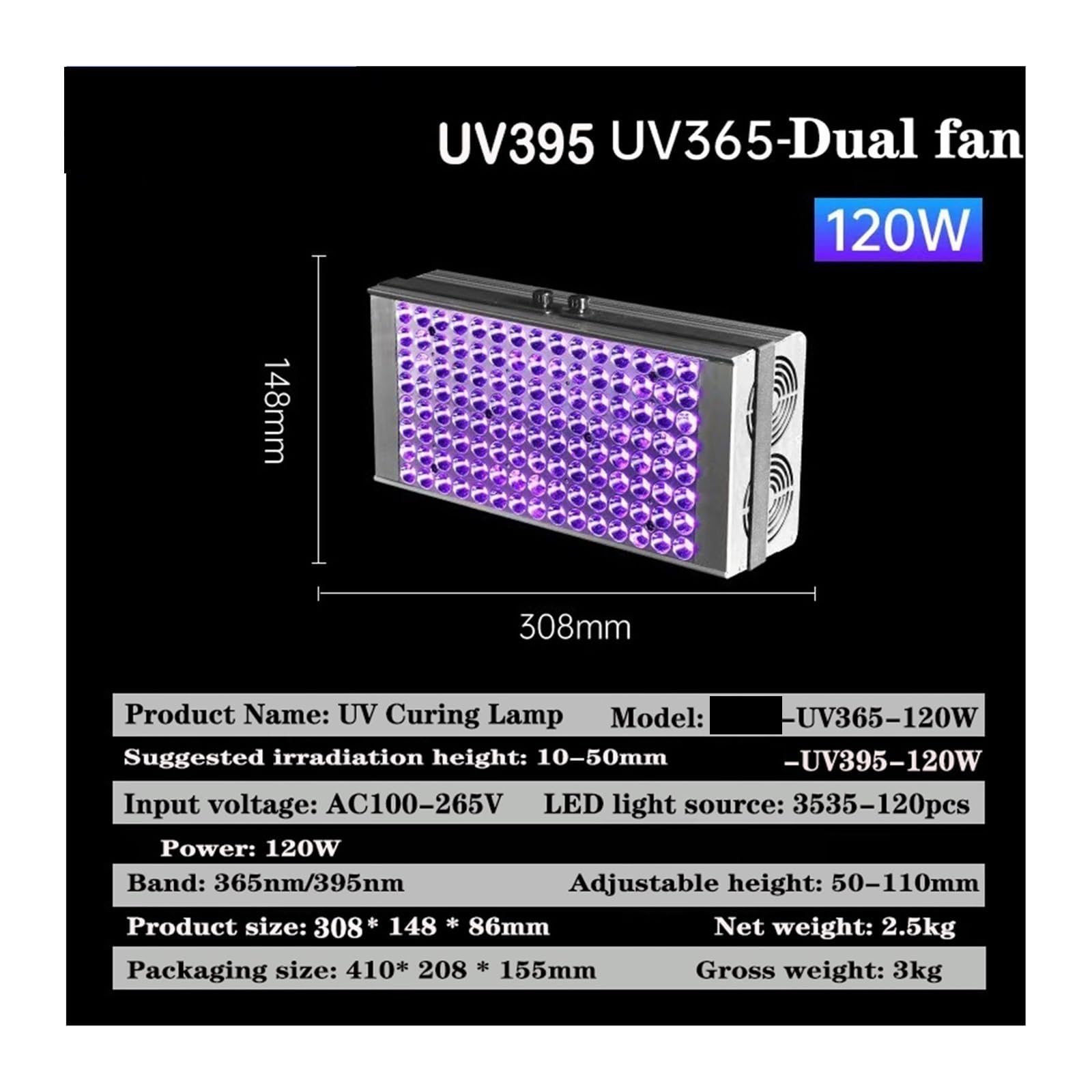 lámpara de curado UV, Lámpara De Curado UV Portátil 120W, Adhesiva Sin Sombras 395nm Y 365nm, Detección Fluorescencia Seca, Reparación Vidrio(395nm)