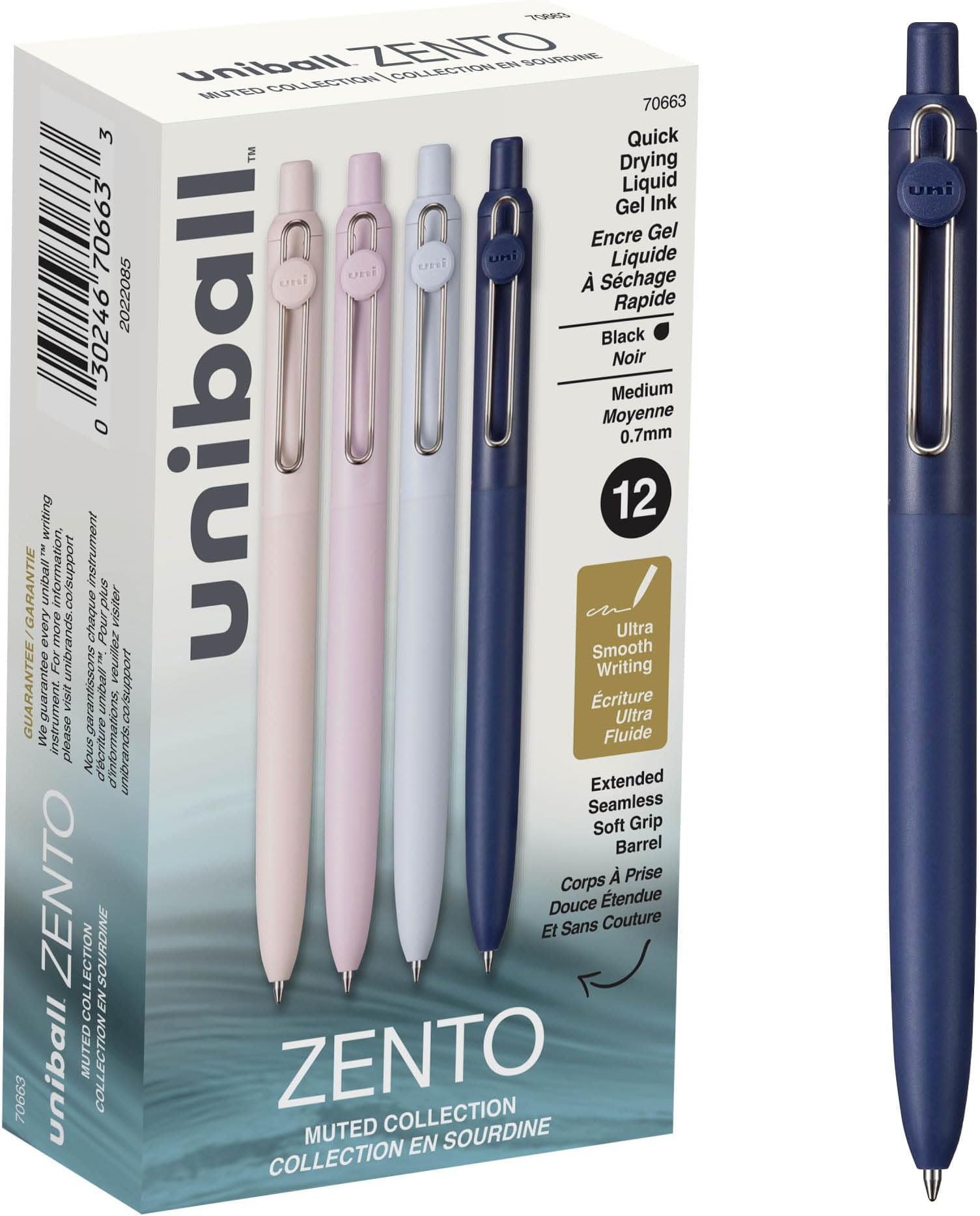 uniball Zento Liquid Gel Ink Retractable Pens, Medium Point (0.7mm), Muted Barrels, Black Ink, Dozen