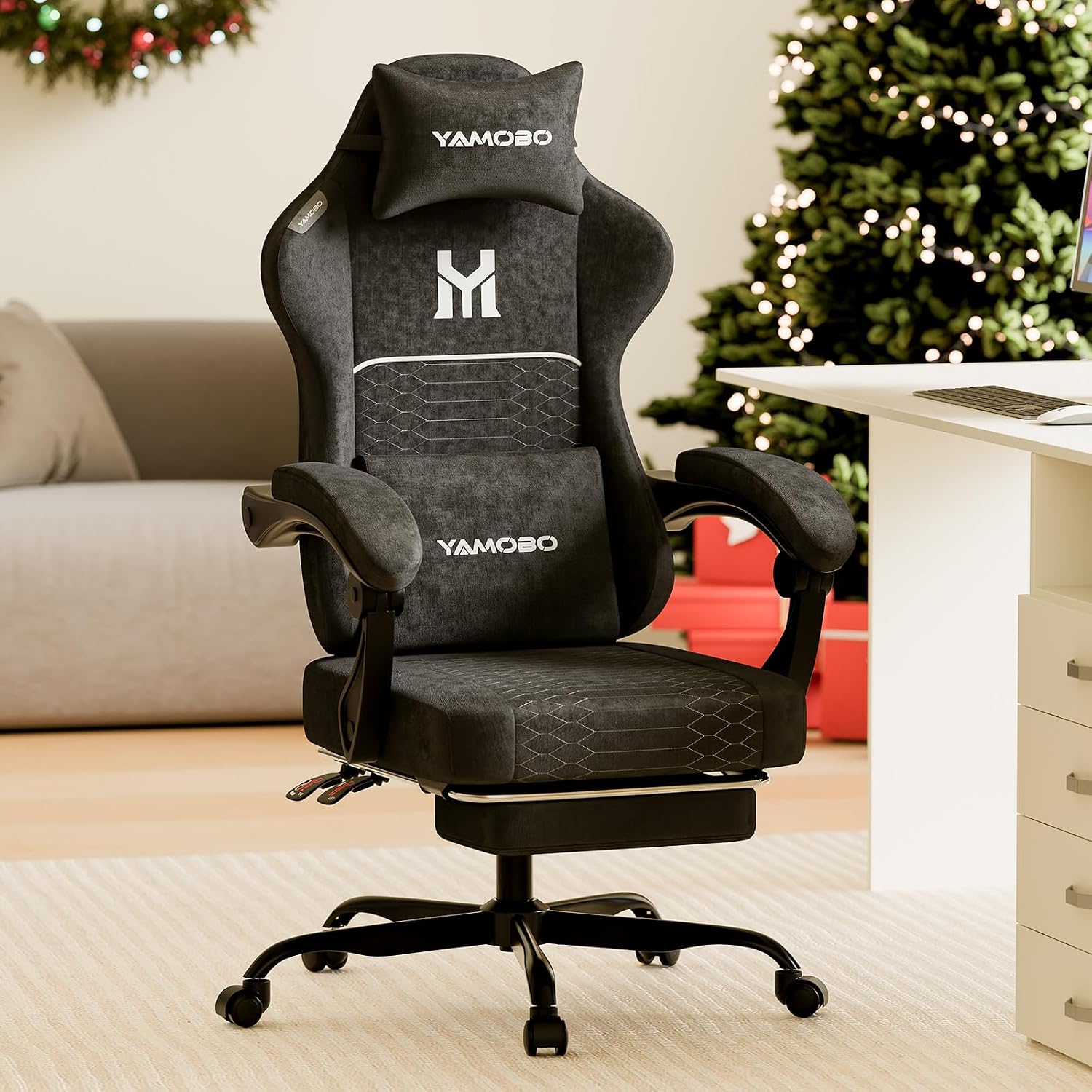 Gaming Chair with Footrest, Ergonomic Video Game Chair with Adjustable Lumbar and Headrest Massage Support, High Back Recliner Comfortable for Office, Game and Study, Black