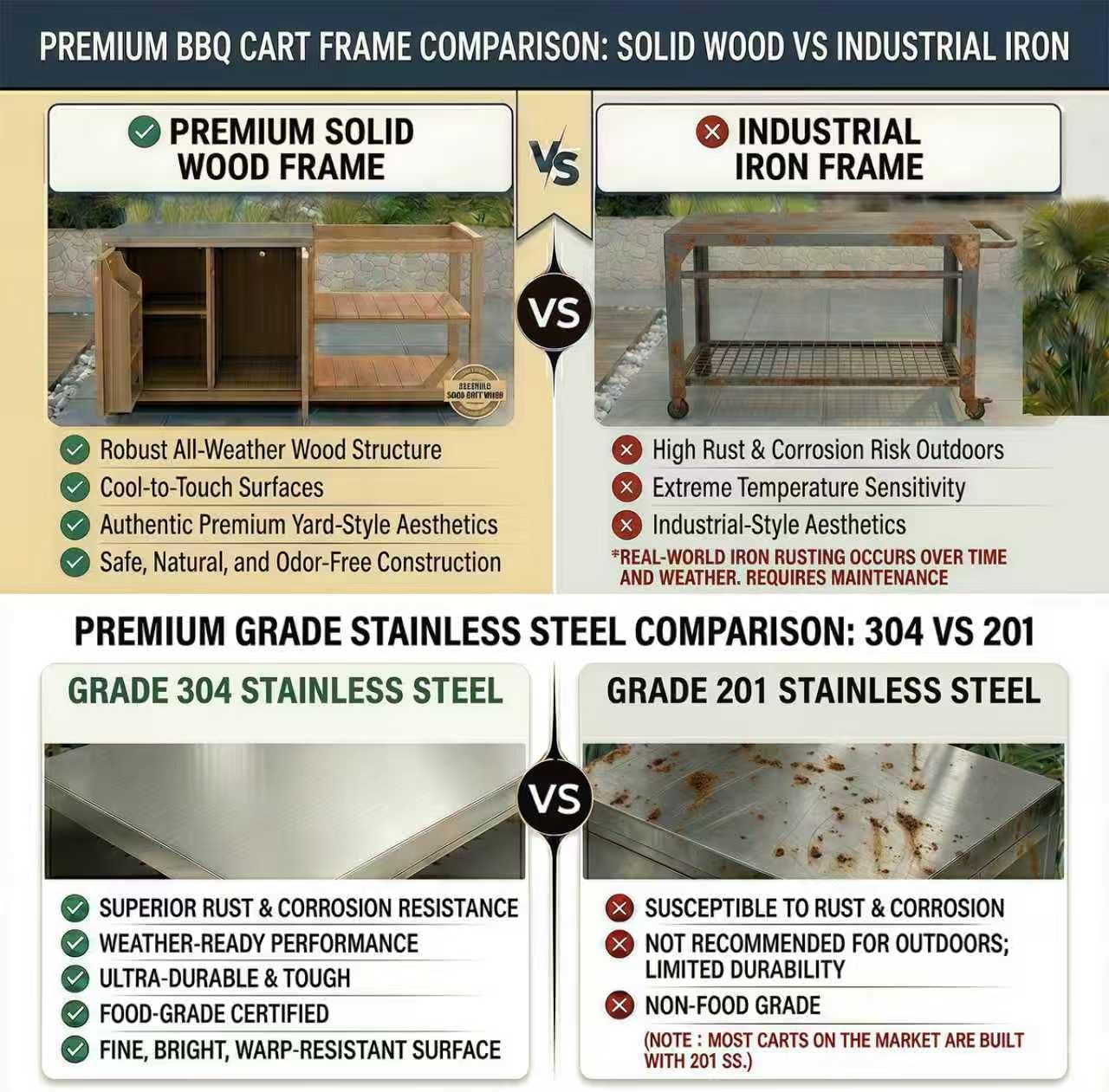 Outdoor Grill Cart for Blackstone Griddle, Solid Wood Grill Table, Outdoor Kitchen Island with Cabinets and Removable Tops on Wheels Compatible with 28'/36" Blackstone Griddle (Wood)