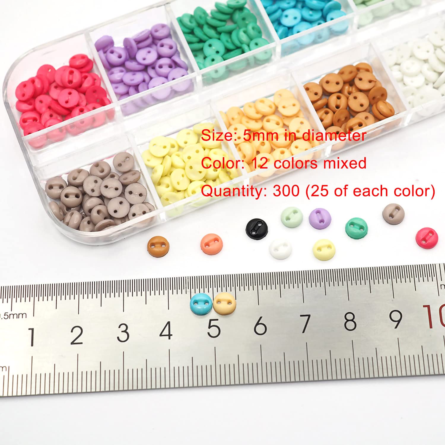 Kleine Kunstharzknöpfe, 5 mm, 2 Löcher, runde Knöpfe für Puppen, Kleidung, Nähzubehör, Handnähhilfen, Puppenkleidung (12 Farben gemischt/300 Stück, 5 mm)