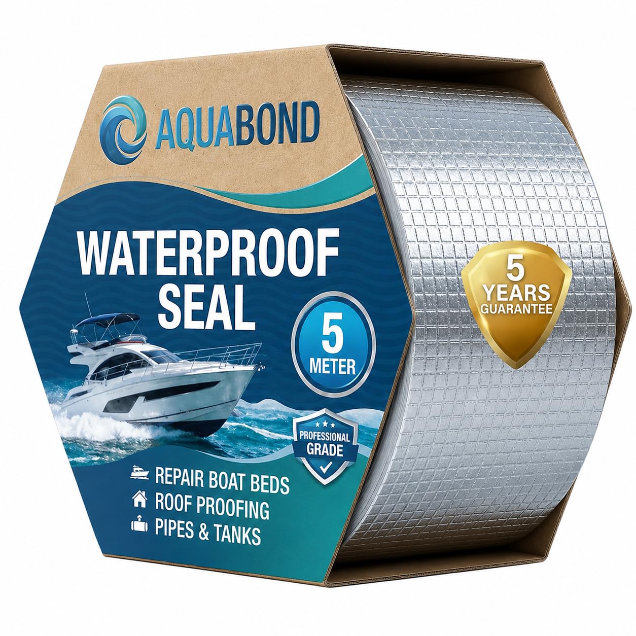 AQUABOND 5 meter Waterproof Tape | 5 Yrs Guarantee | Water Leakage Tape for Roof repair, Tank repair, Pipe repair, Boat repair. 5cm wide/ 2mm thick