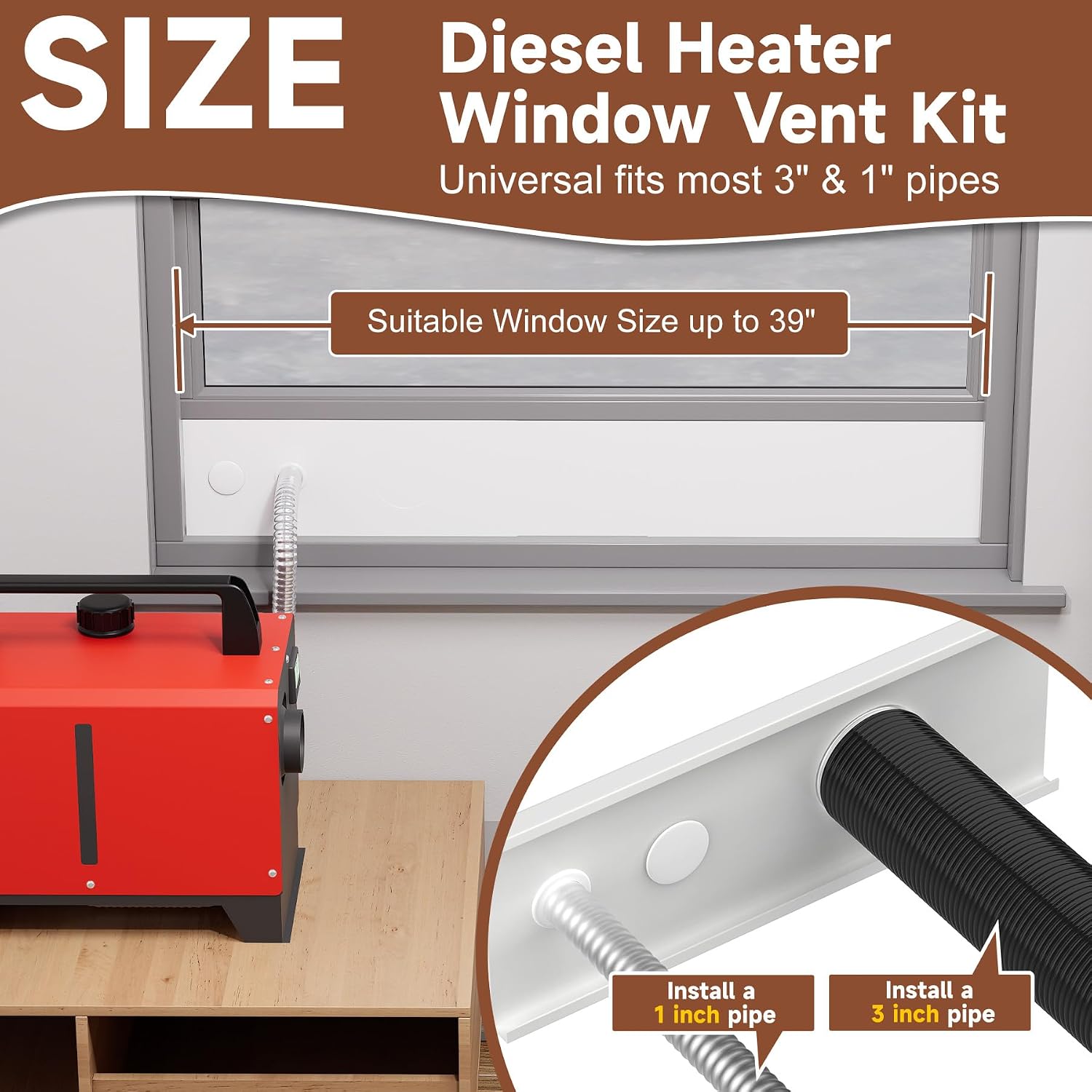 BJADE'S Diesel Heater Window Vent Kit,Universal Fits 3" & 1" Pipes,Adjustable Window Vent Seal Panels for Sliding Window Up to 39",with Stainless Steel Louvered Vent and Gaskets for Heat Resistant