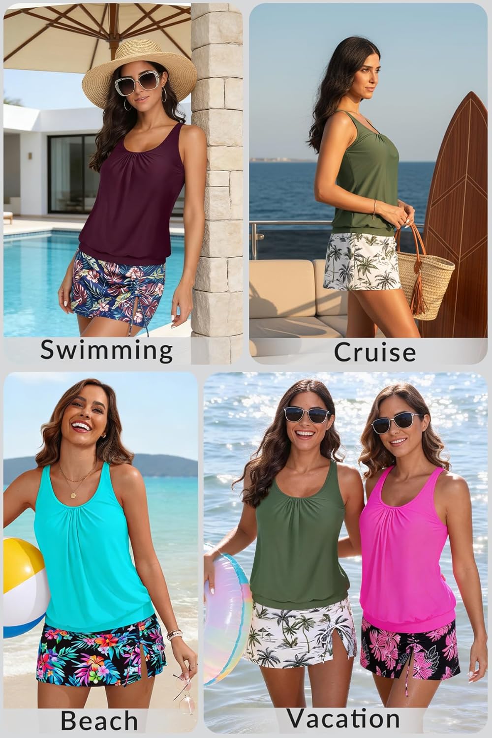 Yonique Women's Blouson Tankini Swimsuits with Skirts - Two Piece Bathing Suits Tankini Modest 2026 Swimwear