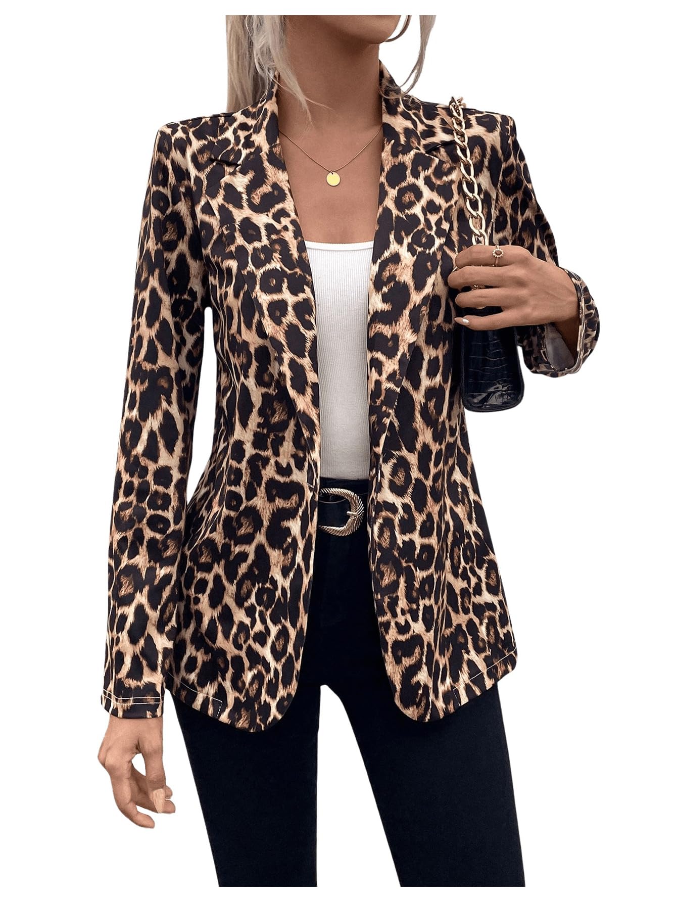 Floerns Womens Leopard Print Long Sleeve Lapel Collar Suit Work Blazer Jacket