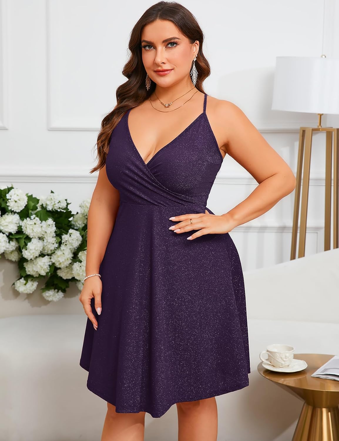 ZOMVA Plus Size 0X-4X Sparkly Glitter Sleeveless Aline Mini Dress Sparkle Wrap Spaghetti Strap Sexy Dress Cocktail Party Club