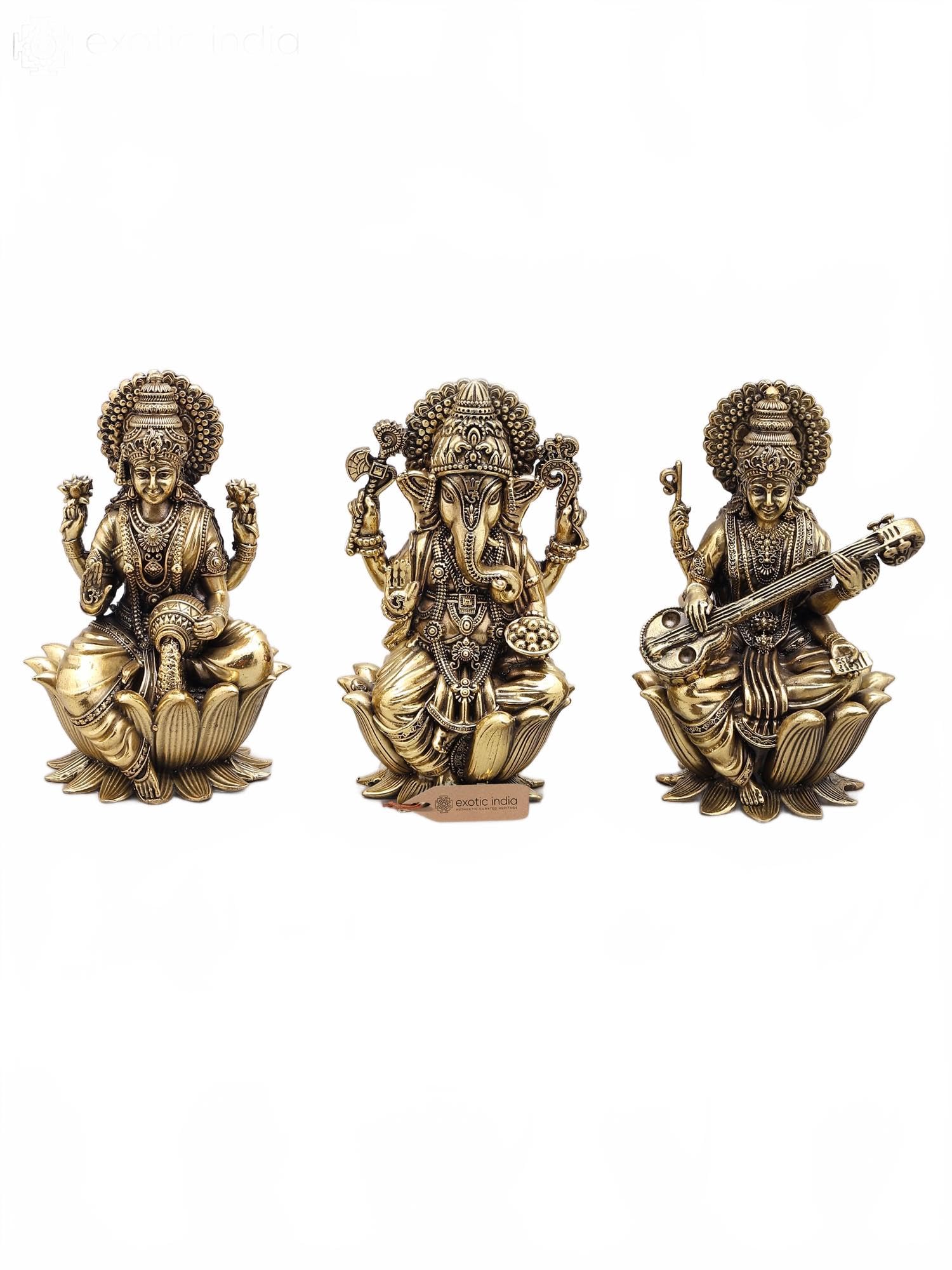 Exotic India Superfine Ganesha Lakshmi Saraswati Brass Statue Set | Hindu God Idols for Home Temple, Puja & Spiritual Décor