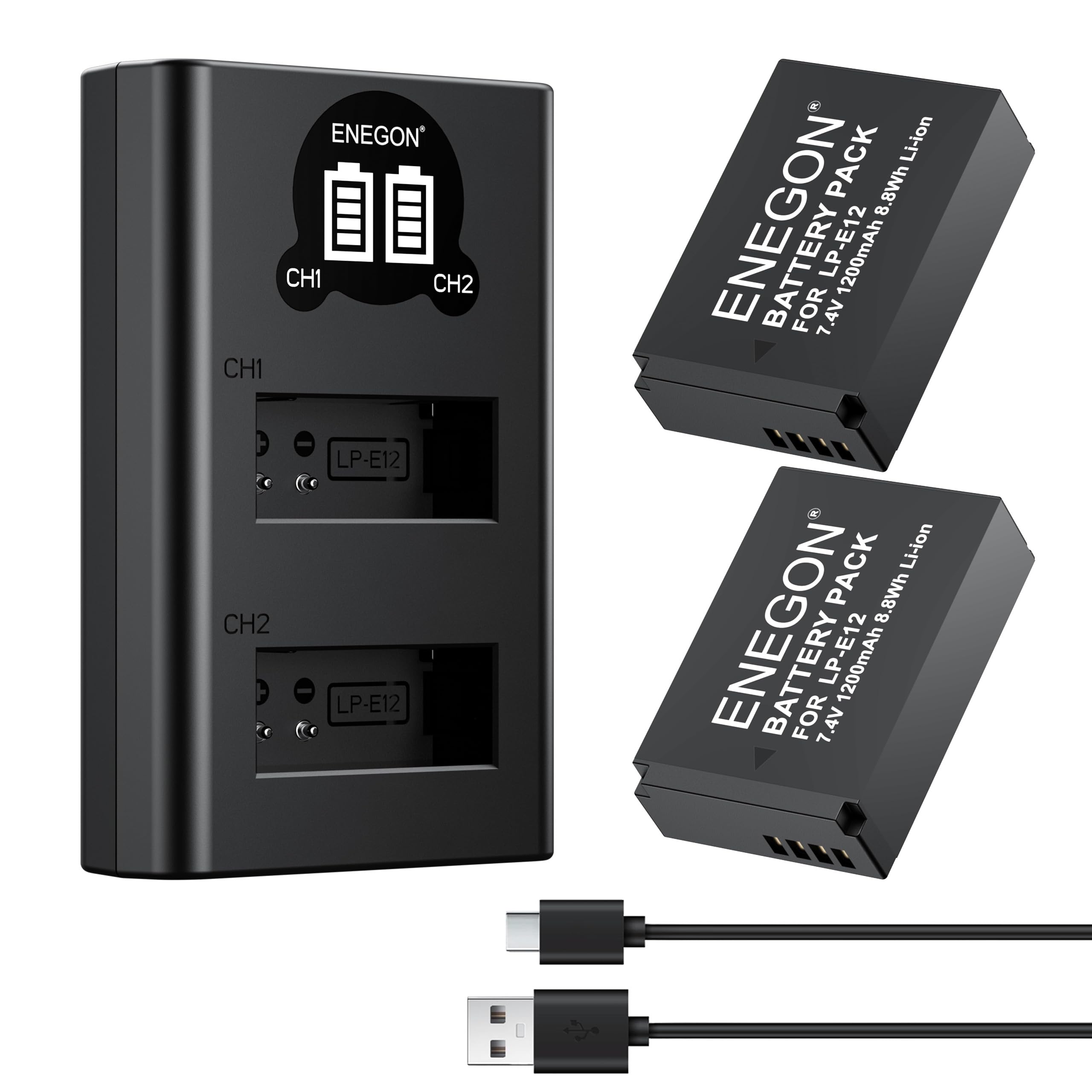 ENEGON 2 Stück 1200mAh LP-E12 Akku für Canon EOS M50, M50 Mark II EOS M, M2, M10, M100, M200, Rebel SL1, 100D, Kiss X7, PowerShot SX70 HS Digitalkamera