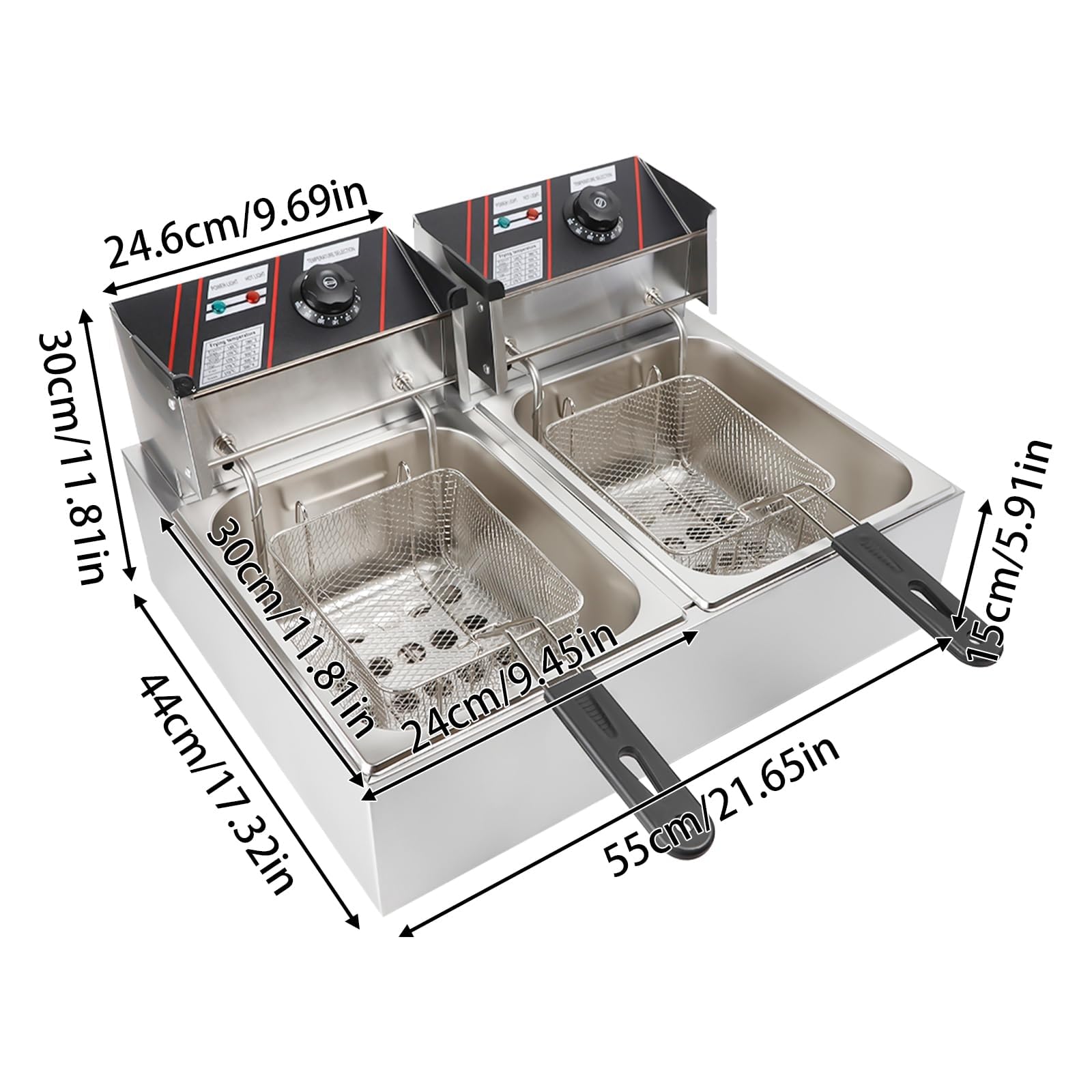 Freidora de doble tanque de acero inoxidable, 2500 W, freidora eléctrica profesional, de acero inoxidable, recipiente extraíble, termostato 60-200 °C, control independiente, 55 x 44 x 30 cm