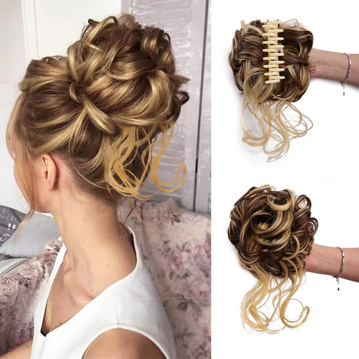 Chignon en désordre postiche cheveux bouclés chouchou golden brown