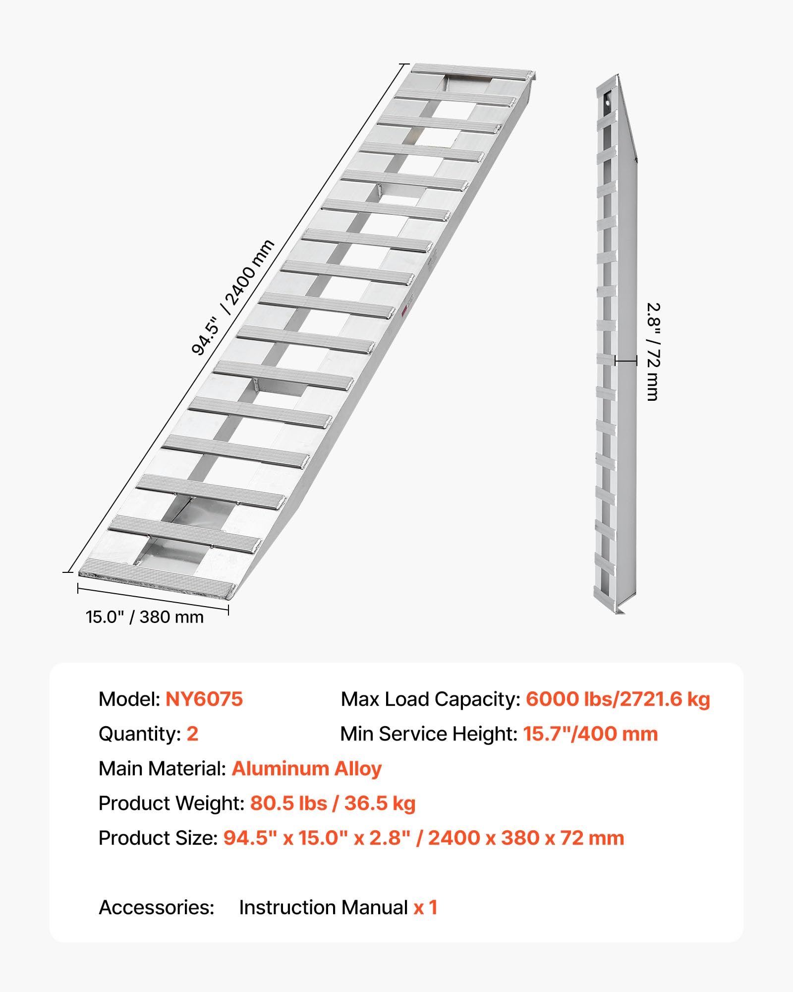 VEVOR 2 szt. 240 x 38 cm, stop aluminium, całkowita pojemność 2721 kg, do wózków, traktorów rolniczych, ATV, kosiarek, motocykli, motocykli