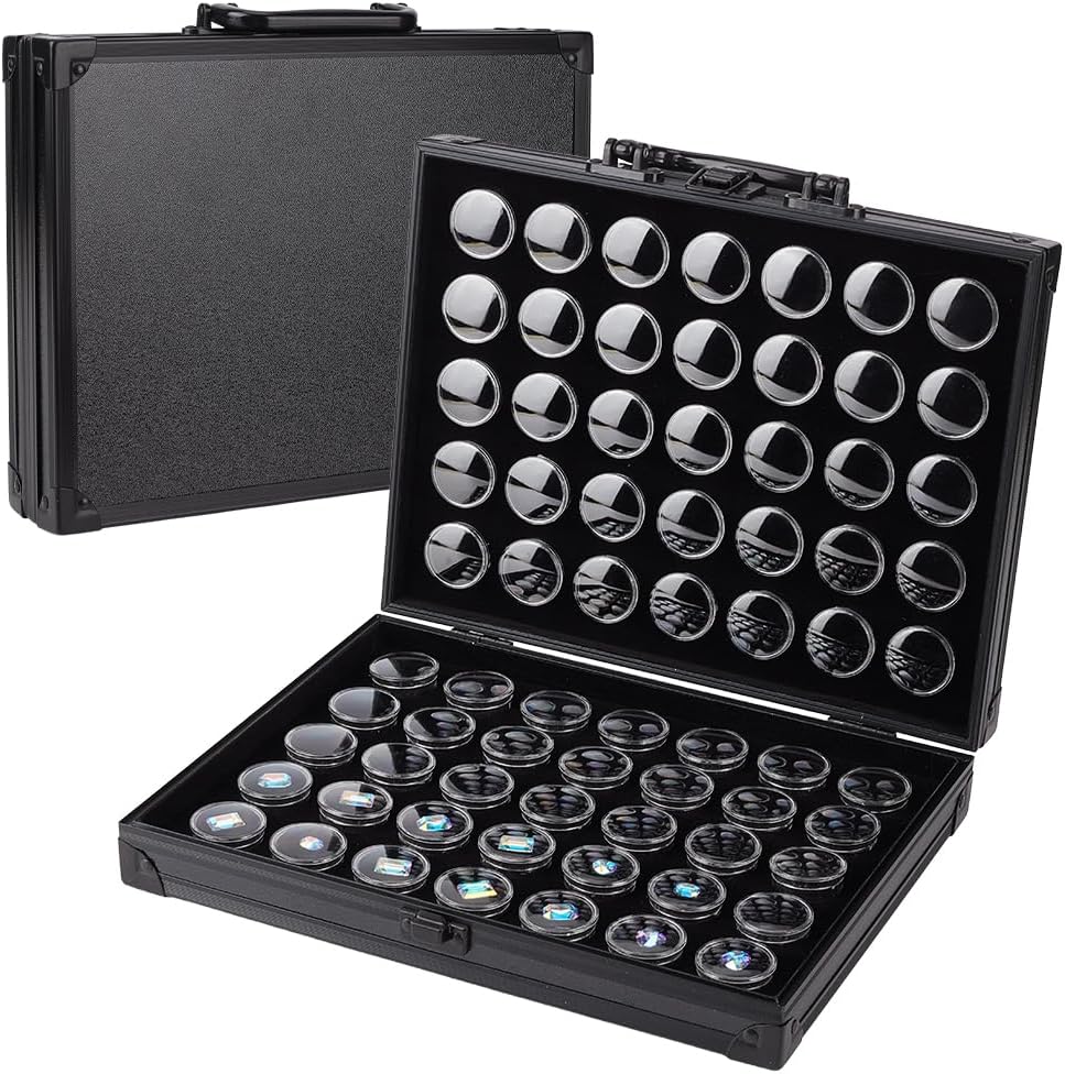 BENECREAT 70Pcs Jewelry Display Case Organizer, Gemstone Storage Box with Aluminum Organizer, 1.26x0.71inch Round Plastic Jewelry Showcase for Small Jewelry and Loose Diamonds, Black