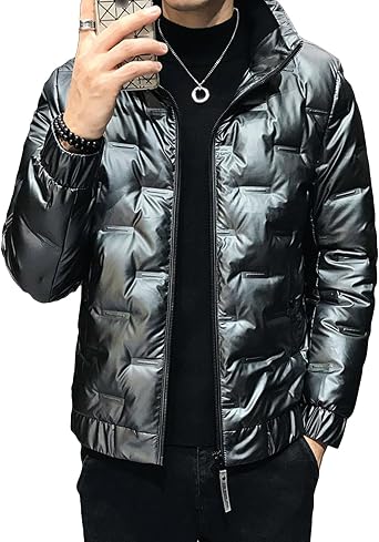 Mens Down Short Jacket Male Casual Winter Metallic Shiny Coat Man Warm Full Zip Lightweight Puffer Jacket