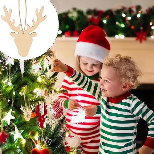 Miniatura 5 de Honbay 30 adornos colgantes de madera con cabeza de ciervo, cabeza de reno, piezas de madera en blanco sin terminar, rebanadas de madera, adornos de