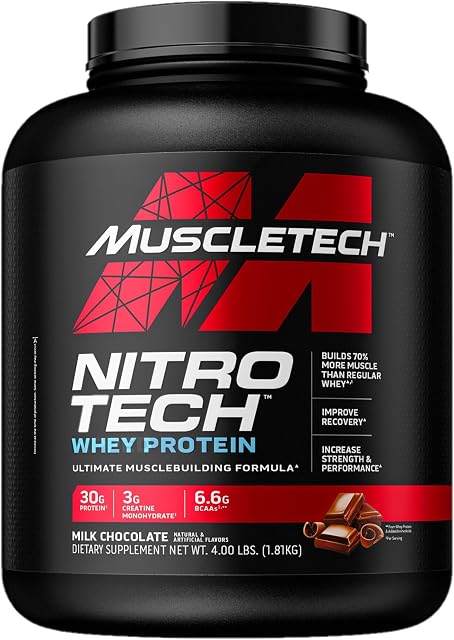 MUSCLETECH Proteiny w proszku, nitro-Tech izolaty białkowe i peptydy, proteinowy proszek do budowy mięśni, dla mężczyzn i kobiet, czekolada mleczna, 1,81 kg (1 opakowanie), (opakowanie może się